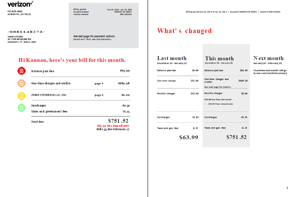 USA Verizon utility bill template in Word and PDF formats, 2 pages